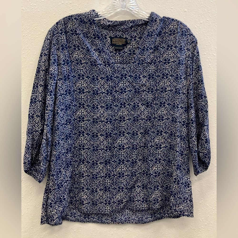 Pendleton Navy And White Patterned Boho Blouse Me… - image 1